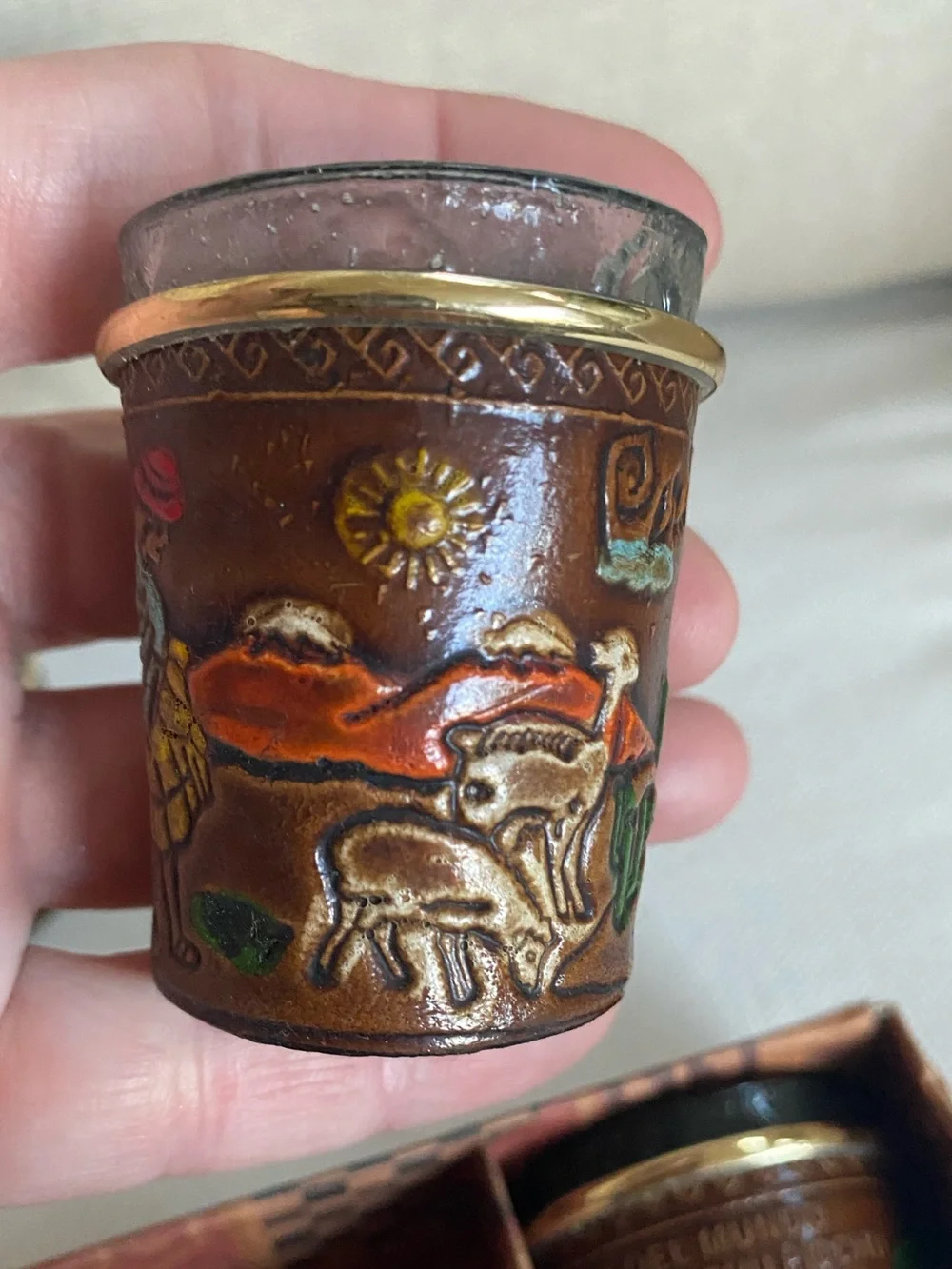 VTG INKAS PERU Handcrafted Leather Wrapped Shot Glasses Souvenir Set of 3 in Box